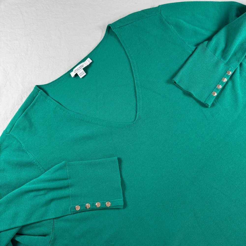Chico's Women's Size 3 US XL Green V-Neck Button Cuff Long Sleeve Sweater